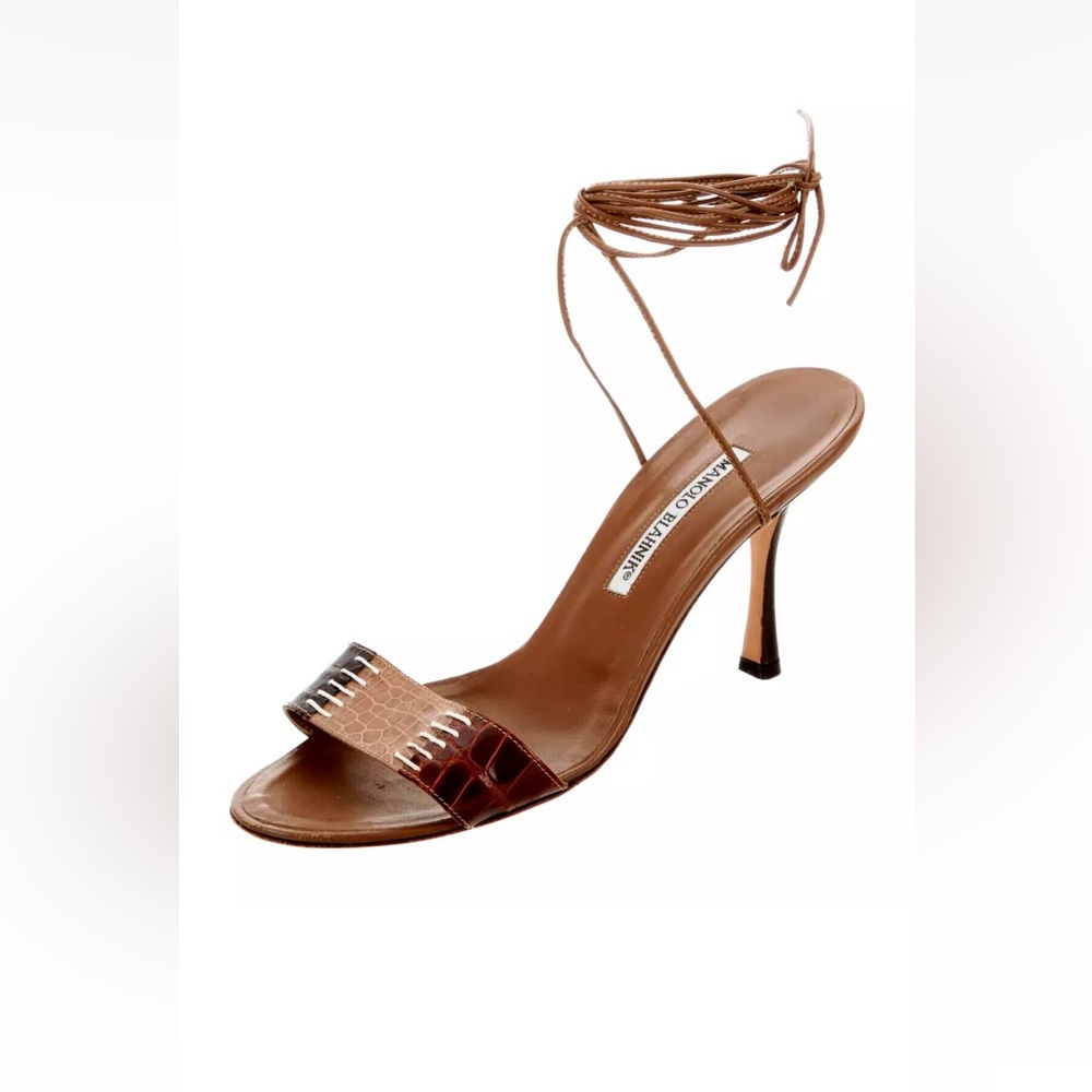 Manolo Blahnik Brown Croc-Effect Ankle-Tie Stiletto Sandal